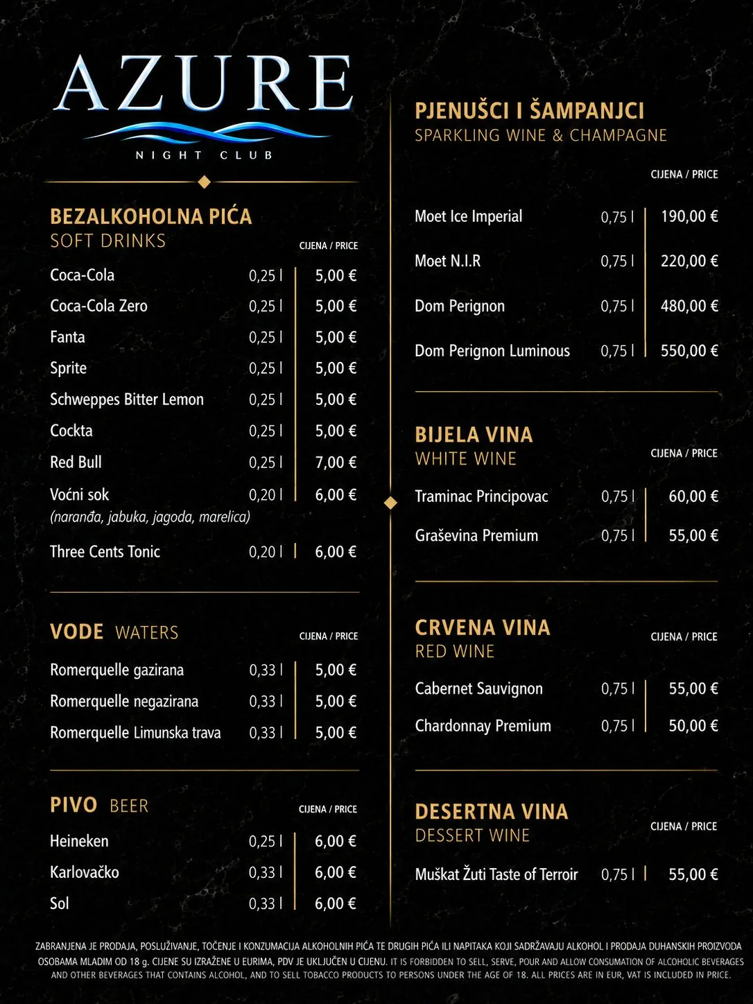 Azure Night Club cjenik: bezalkoholna pića, vode, pivo, šampanjci i vina